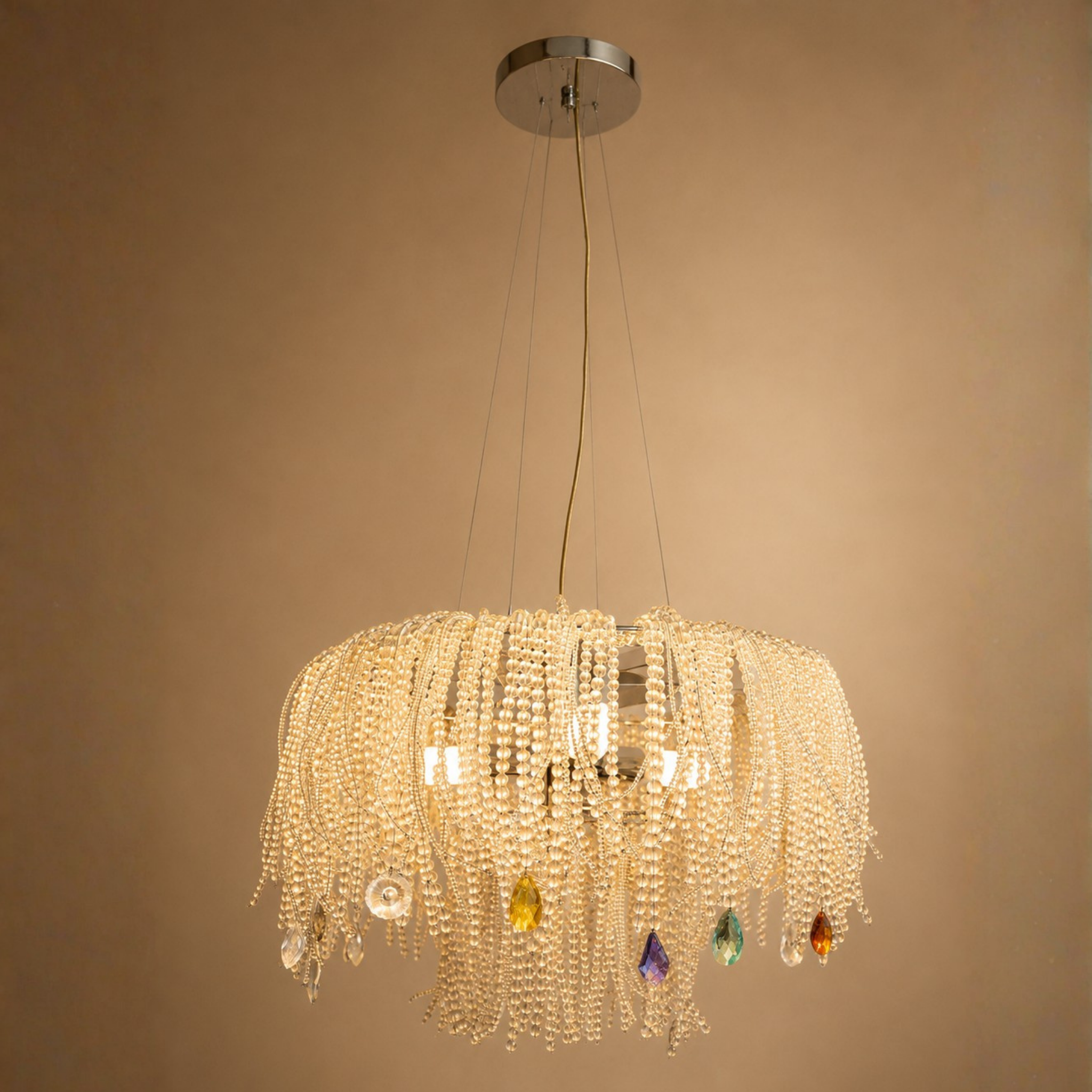 Lámpara colgante de cristal y cuentas decorativas strass diámetro 60 cms.