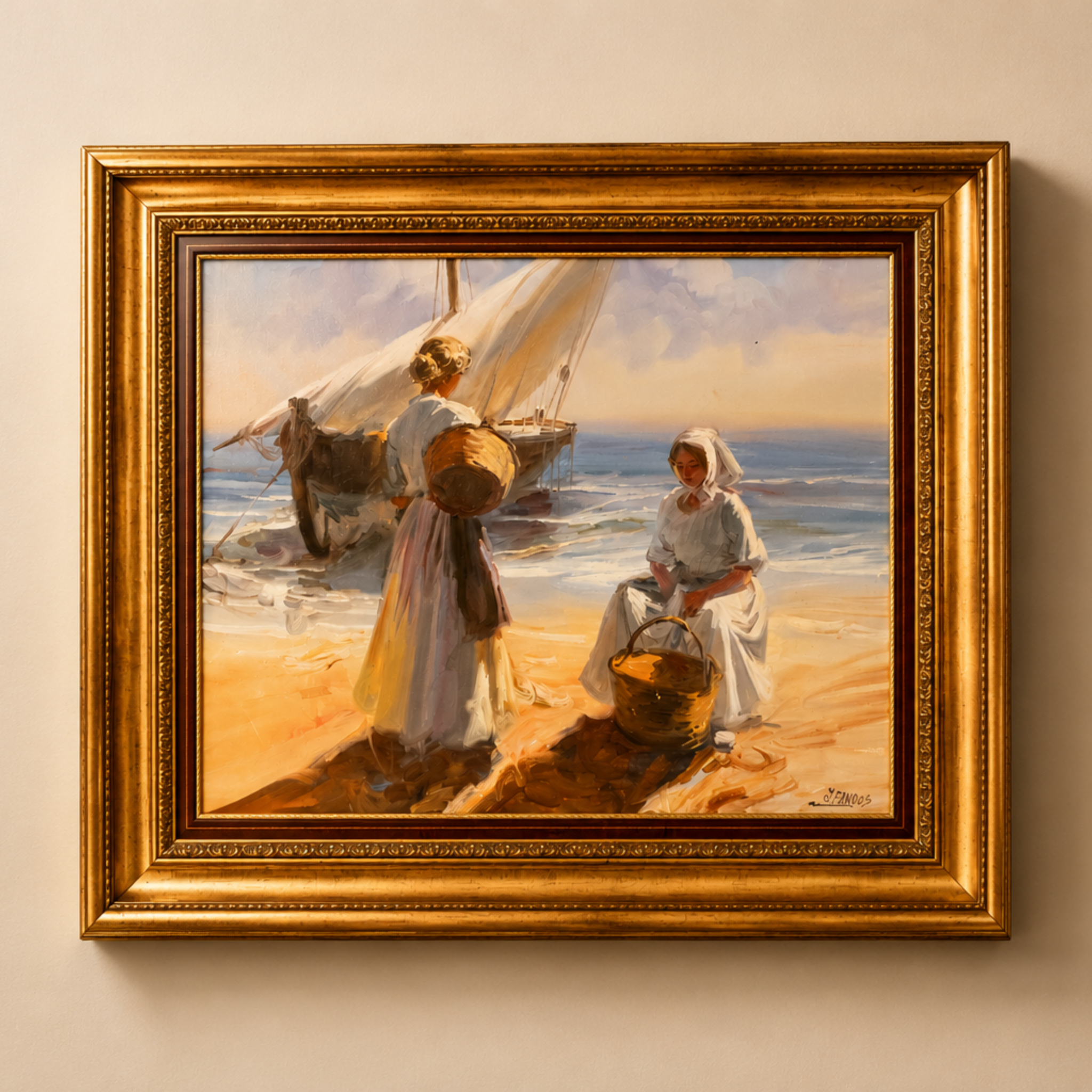 Mujeres en el mediterráneo firmado por Fandos de la escuela "Sorolla" 105x90