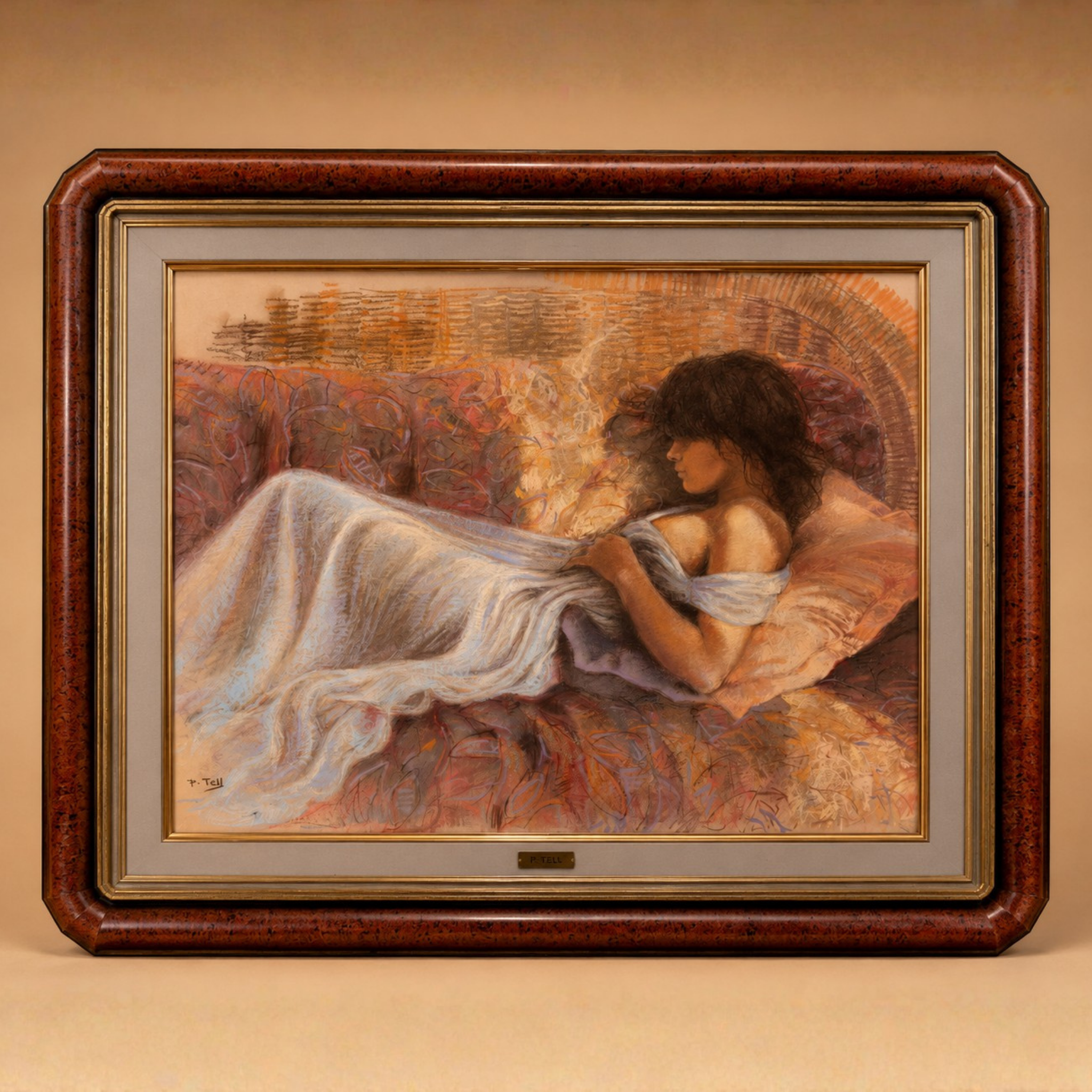 Cuadro figurativo contemporáneo con marco clásico