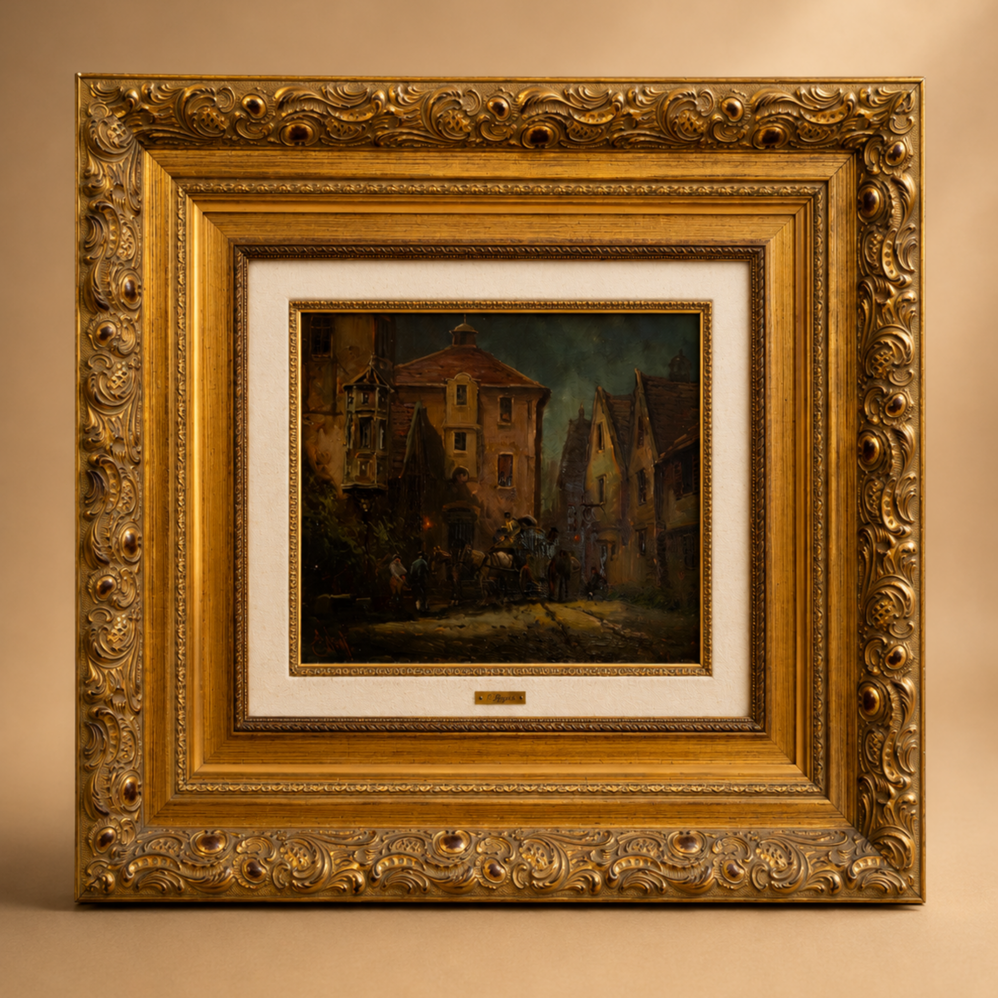 Pintura firmada E. Payes "Carro caballos en posada"