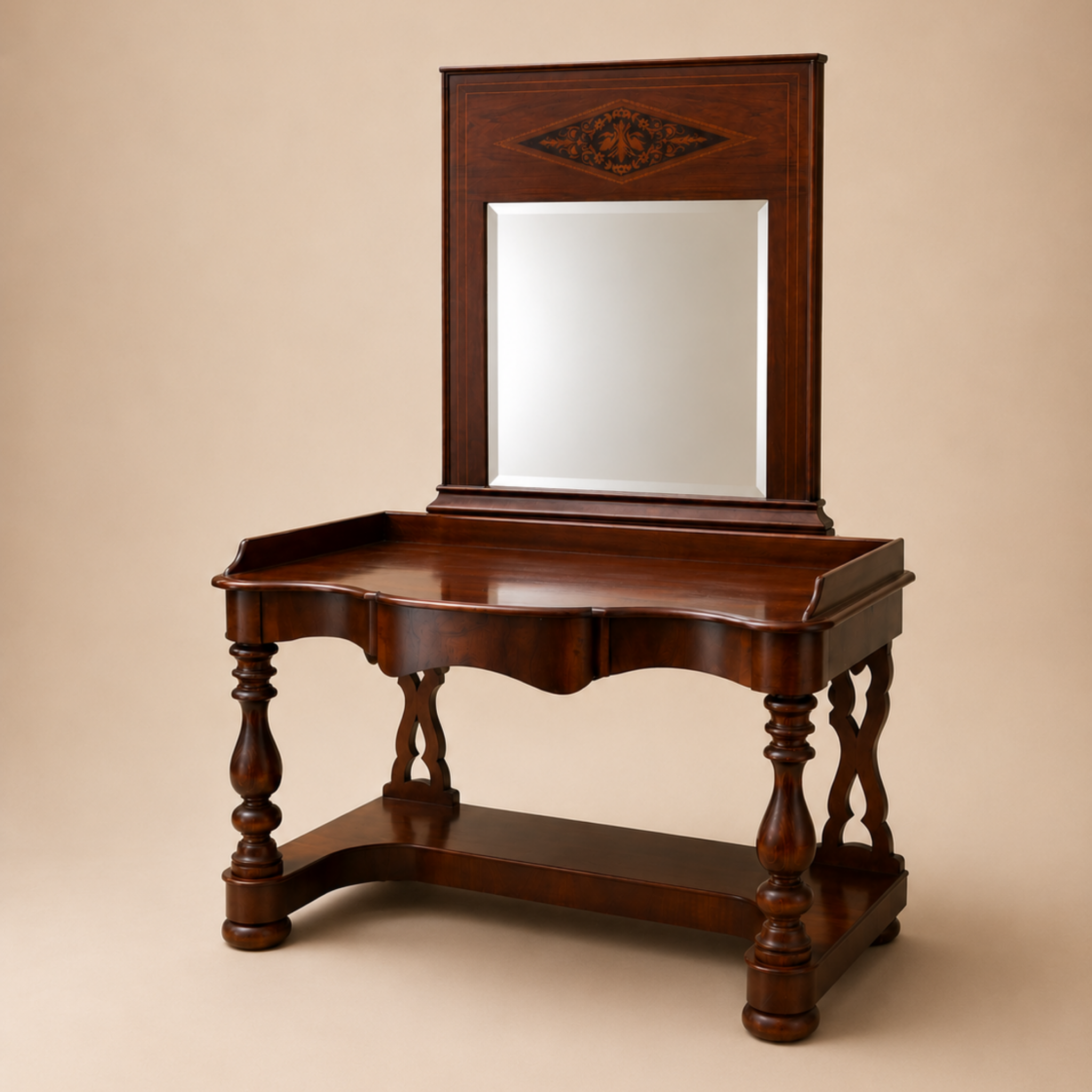 Escritorio encerado a mano madera de nogal 120x60x85 y espejo de madera de nogal con marquetería 92x112